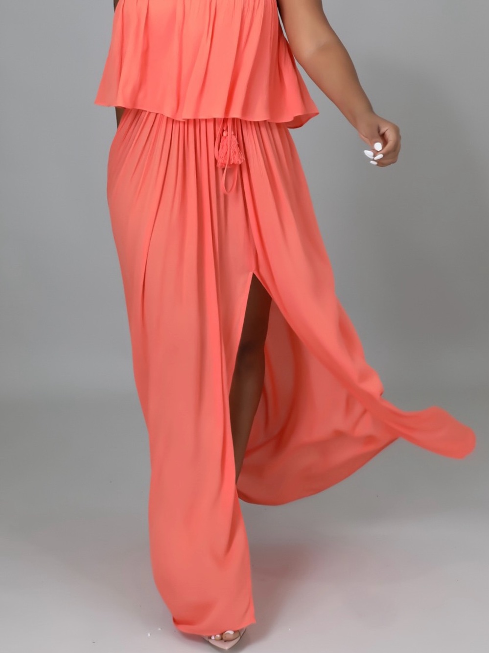 Women’s Coral Maxi Dress with Side Slit and Tassel Waist
